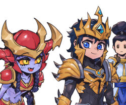 Rule 34 | 1girl, 2boys, armor, black bodysuit, black hair, blue eyes, blue skin, bodysuit, braid, breastplate, brown eyes, closed mouth, collarbone, colored sclera, colored skin, fang, gold armor, helmet, jarvan iv (league of legends), league of legends, leaning forward, long hair, looking at another, multiple boys, navel, orange sclera, phantom ix row, ponytail, red armor, shoulder plates, shoulder spikes, shyvana, spikes, stomach, twin braids, upper body, xin zhao, yellow eyes