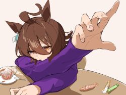 Rule 34 | 1girl, agnes tachyon (umamusume), ahoge, animal ears, closed mouth, commentary request, cup, earrings, elbows on table, fingernails, highres, horse ears, horse girl, jewelry, long sleeves, looking at viewer, official alternate costume, outstretched hand, purple sweater, quraqura nemii, red eyes, short hair, simple background, single earring, solo, spoon, sugar cube, sweater, tea, teacup, umamusume, upper body, white background