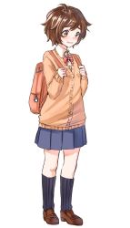Rule 34 | 1girl, ahoge, backpack, bag, bag charm, bird, black socks, blue skirt, blush, brown eyes, brown footwear, brown hair, cardigan, charm (object), collared shirt, full body, hands up, highres, kneehighs, kyoo-kyon (kyo-kyon), loafers, messy hair, nervous, open mouth, original, penguin, pink ribbon, pleated skirt, ribbed legwear, ribbon, school uniform, shirt, shoes, short hair, simple background, skirt, sleeves past wrists, socks, solo, standing, wavy mouth, white background, white shirt, yuki arare