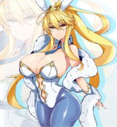 Rule 34 | 1girl, absurdres, animal ears, artoria pendragon (all), artoria pendragon (fate), artoria pendragon (lancer) (fate), artoria pendragon (swimsuit ruler) (fate), blonde hair, blue neckwear, blue pantyhose, breasts, clothing cutout, detached collar, fake animal ears, fate/grand order, fate (series), feather boa, fishnet pantyhose, fishnets, green eyes, hair between eyes, highleg, highleg leotard, highres, huge breasts, leotard, navel cutout, pantyhose, playboy bunny, ponytail, rabbit ears, sprout (33510539), tiara, white leotard, wrist cuffs