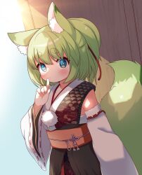 Rule 34 | 1girl, animal ear fluff, animal ears, blue eyes, blush, chinese knot, closed mouth, detached sleeves, done (donezumi), dutch angle, finger to mouth, fox ears, fox girl, fox tail, hair ribbon, highres, japanese clothes, kimono, long sleeves, medium hair, obi, original, pom pom (clothes), ponytail, red ribbon, ribbon, sash, sleeveless, sleeveless kimono, solo, tail, thick eyebrows, white sleeves, wide sleeves