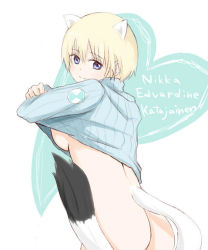 Rule 34 | 10s, 1girl, animal ears, bad id, bad pixiv id, blonde hair, blue eyes, bottomless, brave witches, breasts, character name, clothes lift, jpeg artifacts, kento1102, nikka edvardine katajainen, short hair, sketch, smile, solo, strike witches, sweater, sweater lift, tail, undressing, world witches series