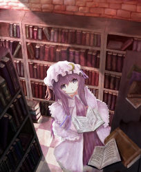 Rule 34 | 1girl, :o, book, bookshelf, brick, checkered floor, crescent, crescent moon, female focus, floor, hair ribbon, hat, highres, library, long hair, looking up, moon, open book, patchouli knowledge, perspective, purple eyes, purple hair, reading, ribbon, shippu man, shippu man (artist), solo, touhou, voile