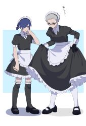Rule 34 | 2boys, absurdres, apron, bandaid, bandaid on face, bandaid on forehead, black-framed eyewear, black dress, black footwear, black gloves, black thighhighs, blue hair, closed mouth, clothes lift, collared shirt, commentary request, crossdressing, dark blue hair, dress, frilled hairband, frilled thighhighs, frills, full body, glasses, gloves, grey hair, hair over one eye, hairband, highres, long skirt, long sleeves, low twintails, maid, maid apron, maid headdress, male focus, miniskirt, multiple boys, parted lips, persona, persona 3, po su su, puffy short sleeves, puffy sleeves, sanada akihiko, shirt, short hair, short sleeves, skirt, skirt lift, standing, thighhighs, translation request, twintails, white apron, white shirt, white thighhighs, yuuki makoto (persona 3), zettai ryouiki