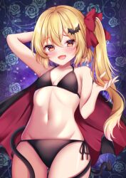 1girl bare_shoulders bikini black_bikini black_cape blush breasts cape collarbone cowboy_shot flandre_scarlet highres long_hair red_cape red_eyes shirotsuki_shirone shirt side-tie_bikini_bottom side_ponytail small_breasts solo swimsuit touhou two-sided_cape two-sided_fabric white_shirt