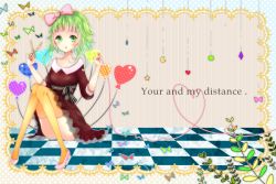 Rule 34 | 1girl, bad id, bad pixiv id, balloon, bow, checkered floor, convenient leg, dress, floor, green eyes, green hair, gumi, hair bow, heart, heart balloon, heart of string, knees together feet apart, kurage (youmaycry), looking at viewer, matching hair/eyes, pink footwear, polka dot, polka dot dress, scissors, shoes, sitting, solo, string, string of fate, thighhighs, vocaloid, yellow thighhighs