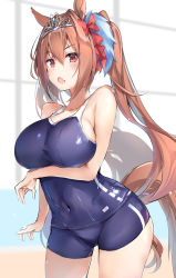 Rule 34 | 1girl, absurdres, animal ears, arm under breasts, backlighting, bare arms, bare shoulders, blue one-piece swimsuit, blurry, blurry background, blush, bow, breasts, brown hair, commentary request, covered navel, daiwa scarlet (umamusume), depth of field, fang, hair between eyes, hair bow, hair intakes, highres, horse ears, horse girl, horse tail, kurohikage, large breasts, long hair, looking at viewer, one-piece swimsuit, open mouth, red bow, red eyes, solo, standing, swimsuit, tail, thighs, tiara, twintails, umamusume, very long hair, wet, window