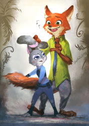 Rule 34 | andref kanzaki, blue eyes, rabbit, fox, full body, furry, green eyes, judy hopps, looking at another, nick wilde, outdoors, police, police uniform, purple eyes, standing, uniform, zootopia