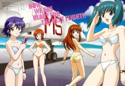 Rule 34 | 00s, 4girls, aqua hair, ass, attack aircraft, bare shoulders, bikini, blue eyes, blue hair, breasts, brown eyes, brown hair, cellphone, cleavage, covered erect nipples, doi shizuha, english text, formal, friends, green hair, hand on own hip, happy, hip focus, honjo mikaze, kikuhara karin, long hair, looking back, midriff, multiple girls, nakamura ayamo, navel, one eye closed, open mouth, orange hair, penetrator (aircraft), phone, prototype design, reconnaissance aircraft, red eyes, salute, serious, short hair, smile, strapless, strapless bikini, stratos 4, swimsuit, tsr-2, twintails, watch, wind, wink, wristwatch, yellow eyes