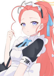 Rule 34 | 1girl, absurdres, ahoge, apron, blue archive, blue eyes, bow, bowtie, commentary request, feza chen (ushaku), forehead, frilled apron, frills, hair bow, hair ribbon, halo, highres, long hair, looking at viewer, maid, maid apron, maid headdress, official alternate costume, parted bangs, ponytail, red hair, ribbon, short sleeves, sidelocks, simple background, solo, tearing up, white apron, white background, yuzu (blue archive), yuzu (maid) (blue archive)