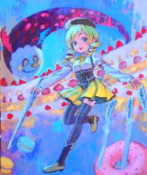 Rule 34 | 10s, 1girl, acrylic paint (medium), ama-tou, beret, blonde hair, boots, breasts, brown thighhighs, cake, candy, charlotte (madoka magica), corset, detached sleeves, doughnut, drill hair, food, fruit, gun, hair ornament, hairpin, hat, highres, macaron, magical girl, magical musket, mahou shoujo madoka magica, mahou shoujo madoka magica (anime), painting (medium), pleated skirt, puffy sleeves, ribbon, rifle, shirt, skirt, smile, strawberry, striped clothes, striped thighhighs, taut clothes, taut shirt, thighhighs, tomoe mami, traditional media, twin drills, twintails, vertical-striped clothes, vertical-striped thighhighs, weapon, yellow eyes, zettai ryouiki