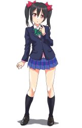 Rule 34 | 10s, 1girl, black hair, black socks, blazer, bow, bowtie, buttons, cardigan, full body, hair bow, highres, jacket, kneehighs, long sleeves, looking at viewer, love live!, love live! school idol project, pleated skirt, red eyes, school uniform, shadow, shirt, shoes, short hair, short twintails, simple background, skirt, socks, solo, standing, tetopetesone, twintails, white background, white shirt, yazawa nico