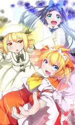 Rule 34 | 3girls, ascot, blonde hair, blue eyes, bow, chestnut mouth, dress, drill hair, fairy, fairy wings, fang, female focus, green eyes, hair bow, hair ribbon, hat, hayaneko (ceceragi), highres, lightning, long hair, long sleeves, looking at viewer, luna child, maid headdress, multiple girls, open mouth, outstretched arms, purple hair, ribbon, shirt, short hair, skirt, smile, star sapphire, sunny milk, touhou, twintails, very long hair, white dress, wide sleeves, wings, yellow eyes