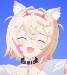 Rule 34 | 1girl, :d, ^ ^, animal ear fluff, animal ears, blonde hair, chain, chain leash, closed eyes, collar, commentary, dog ears, dog girl, facing viewer, fangs, gori wakamaru, hair ornament, highres, hololive, hololive english, leash, mococo abyssgard, mococo abyssgard (1st costume), multicolored hair, open mouth, pink hair, portrait, shirt, short hair, short sleeves, skin fangs, smile, spiked collar, spikes, two-tone hair, virtual youtuber, white shirt, x hair ornament
