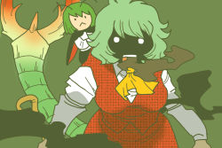 Rule 34 | 2girls, :&lt;, antennae, arms at sides, ascot, blank eyes, cape, chibi, cosplay, green background, green hair, holding, holding umbrella, kazami yuuka, leaning forward, long sleeves, looking at viewer, monster hunter (series), monster hunter 4, multiple girls, onikobe rin, open mouth, pants, plaid, plaid skirt, plaid vest, riding, seltas, seltas queen, seltas queen (cosplay), shaded face, shirt, short hair, simple background, size difference, skirt, skirt set, smoke, tail, touhou, umbrella, upper body, vest, wriggle nightbug