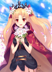 Rule 34 | 1girl, :d, bad id, bad pixiv id, black leotard, blonde hair, blue sky, blush, bouquet, bow, breasts, cape, commentary request, cowboy shot, day, earrings, ereshkigal (fate), fate/grand order, fate (series), flower, glowing, groin, hair bow, hair flower, hair ornament, highres, holding, holding bouquet, jewelry, kaina (tsubasakuronikuru), leotard, long hair, looking at viewer, open mouth, outdoors, parted bangs, petals, red bow, red cape, red eyes, round teeth, sky, small breasts, smile, solo, standing, teeth, tiara, tohsaka rin, two side up, very long hair