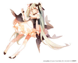 Rule 34 | 1girl, absurdres, artist name, back bow, black bow, black footwear, black ribbon, bow, closed mouth, collared dress, company name, copyright name, copyright notice, detached sleeves, dress, english text, frilled dress, frills, green eyes, green hair, hair bow, hatsune miku, highres, holding, holding microphone, kneehighs, long hair, looking at viewer, microphone, official art, rella, ribbon, second-party source, see-through, see-through sleeves, shoes, simple background, sleeveless, sleeveless dress, smile, socks, solo, twintails, very long hair, vocaloid, white background, white bow, white dress, white socks