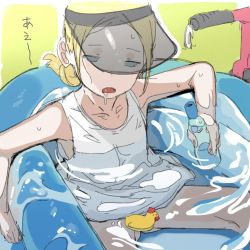 Rule 34 | 1girl, armpits, blue eyes, blush, bottle, convenient censoring, drooling, ettone, highres, long hair, open mouth, original, partially submerged, rubber duck, sitting, solo, spread legs, tank top, visor cap, wading pool, water