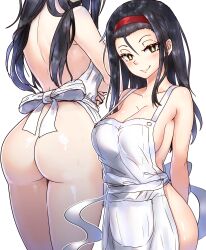 Rule 34 | 1girl, absurdres, apron, ass, black hair, breasts, brown eyes, cleavage, collarbone, commentary, ebora, english commentary, hairband, highres, kumokawa seria, large breasts, light blush, long hair, looking at viewer, naked apron, projected inset, red hairband, shiny skin, sideboob, smile, toaru majutsu no index, toaru majutsu no index: new testament, white apron