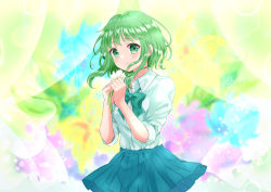 Rule 34 | 1girl, blush, bow, bowtie, collared shirt, curtains, flower, green eyes, green hair, gumi, highres, holding, holding flower, pleated skirt, rooibos, school uniform, shirt, shirt tucked in, short hair with long locks, skirt, sleeves pushed up, smile, solo, tearing up, transparent curtains, vocaloid