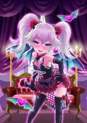 Rule 34 | 1girl, bad id, bad pixiv id, bare shoulders, bat wings, beads, black gloves, black panties, black thighhighs, blue eyes, blush, center opening, clothes lift, contrapposto, couch, curtains, demon horns, dress, dress lift, elbow gloves, fang, flower, frilled dress, frilled gloves, frills, gloves, gothic lolita, hair flower, hair ornament, heart, highres, horns, indoors, lace, lace-trimmed legwear, lace trim, lifted by self, lolita fashion, long hair, looking at viewer, md5 mismatch, nose blush, open mouth, panties, racket, red flower, red rose, resolution mismatch, rose, serrata eglanty, shironeko project, sigma rio, silver hair, smile, solo, tennis racket, thighhighs, thorns, twintails, underwear, wings