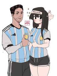 Rule 34 | 1boy, 1girl, 2022, 2022 fifa world cup, adidas, age difference, argentina, argentine (nationality), argentinian flag, argentinian flag print, artist name, breasts, embarrassed, expressionless, facial hair, flag print, highres, kamii momoru, komi-san wa komyushou desu, komi shouko, large breasts, lionel messi, long hair, looking at viewer, real life, short hair, short shorts, shorts, smile, soccer, soccer uniform, sportswear, standing, white background, wide hips, world cup