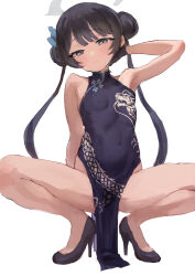 Rule 34 | 1girl, black dress, black footwear, black gloves, black hair, blue archive, breasts, china dress, chinese clothes, closed mouth, commentary, double bun, dragon print, dress, gloves, grey eyes, hair bun, hair ornament, high heels, highres, kisaki (blue archive), labotamochi, long hair, looking at viewer, pelvic curtain, simple background, sketch, sleeveless, sleeveless dress, small breasts, solo, spread legs, squatting, white background