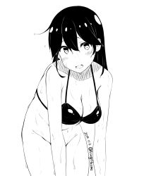 Rule 34 | 10s, 1girl, blush, bottomless, breasts, cleavage, dated, female focus, greyscale, kantai collection, large breasts, looking at viewer, monochrome, shuuichi, simple background, solo, ushio (kancolle), wet, white background