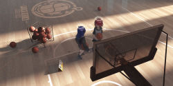Rule 34 | 2girls, arknights, ball, basketball, basketball (object), basketball court, basketball hoop, black footwear, black jacket, blue hair, exusiai (arknights), full body, hair over one eye, halo, highres, holding, holding ball, jacket, long hair, looking at another, mostima (arknights), multiple girls, open mouth, red eyes, red hair, shadow, short hair, short sleeves, standing, sunjinghan0801 (mokacoat), tail, white jacket, wooden floor