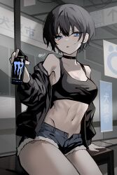 Rule 34 | 122pxsheol, 1girl, absurdres, armpit peek, bench, black gloves, black hair, black jacket, black tank top, blue eyes, breasts, can, choker, collarbone, commentary, cowboy shot, denim, denim shorts, drink, drink can, energy drink, fingerless gloves, gloves, hair between eyes, highres, holding, holding drink, indoors, jacket, looking at viewer, medium breasts, monster energy, navel, off shoulder, on bench, open clothes, open mouth, open shorts, original, poster (object), short hair, shorts, sidelocks, sign, signature, single glove, sitting, soda can, solo, tank top