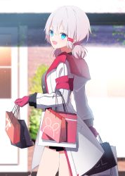 Rule 34 | 1girl, :d, a.a (aa772), azur lane, bag, black shirt, black skirt, blue eyes, blurry, blurry background, blush, commentary request, day, denver (azur lane), depth of field, gloves, grey hair, hair between eyes, highres, holding, holding bag, jacket, looking at viewer, looking to the side, low twintails, open clothes, open jacket, open mouth, outdoors, paper bag, pleated skirt, red gloves, shirt, shopping bag, short twintails, skirt, smile, solo, twintails, white jacket