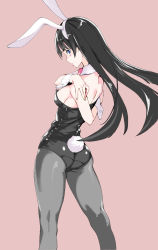 Rule 34 | 1girl, alternate costume, animal ears, arm behind back, ass, back, bare back, bare shoulders, black hair, black leotard, blue eyes, bow, bowtie, breasts, closed mouth, clothing cutout, detached collar, ears visible through hair, fake animal ears, female focus, floating hair, from behind, grey background, grey pantyhose, head tilt, highres, hug, leotard, long hair, looking at viewer, looking back, looking to the side, medium breasts, metallican, nijisanji, pantyhose, pink background, pink bow, pink bowtie, playboy bunny, rabbit ears, rabbit tail, sideboob, simple background, solo, standing, strapless, strapless leotard, tail, tail through clothes, thighs, tsukino mito, virtual youtuber, wrist cuffs