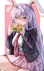 Rule 34 | 1girl, absurdres, animal ears, black jacket, breasts, burger, eating, food, highres, jacket, long hair, mahoro (minase mahoro), medium breasts, necktie, open clothes, open jacket, pink skirt, purple hair, purple nails, rabbit ears, rabbit girl, red eyes, red necktie, reisen udongein inaba, shirt, skirt, sliced cheese, solo, touhou, very long hair, white shirt