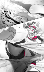 Rule 34 | 1boy, 1girl, absurdres, ass, bandaged hand, bandages, battle, black thighhighs, blood, body blush, breasts, cleavage, clenched hand, cropped jacket, falling, goggles, goggles on head, greyscale, highres, kicking, long sleeves, medium breasts, midriff, monochrome, motion blur, motion lines, muscular, muscular male, navel, niwamaru (niwarhythm), niwarhythm, original, reaching, reaching towards viewer, shiny skin, short shorts, shorts, spot color, spread legs, thighhighs