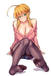 Rule 34 | 1girl, ahoge, alternate costume, arm support, artoria pendragon (fate), artoria pendragon (lancer) (fate), bare shoulders, black pantyhose, blue panties, braid, breasts, collarbone, commentary request, contemporary, fate/grand order, fate (series), feet, french braid, full body, green eyes, hair between eyes, highres, knees together feet apart, large breasts, no shoes, off-shoulder, off-shoulder sweater, off shoulder, panties, panties under pantyhose, pantyhose, pink sweater, ribbed sweater, shirokuma a, sidelocks, simple background, sitting, smile, soles, solo, sweater, swept bangs, thighband pantyhose, underwear, white background