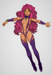 Rule 34 | 1girl, areola slip, big hair, boots, breasts, colored sclera, dc comics, green eyes, green sclera, highres, leotard, long hair, looking at viewer, medium breasts, mossacannibalis, navel, open mouth, outstretched arms, pink hair, purple footwear, purple leotard, revealing clothes, simple background, solo, spread arms, starfire, teen titans, thigh boots, thighhighs, white background, wide-eyed