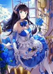 Rule 34 | 1girl, :d, ahoge, apron, bare shoulders, black hair, blue bow, blue bowtie, blue dress, blue eyes, blue flower, blue footwear, blue sky, bow, bowtie, breasts, chair, cherim, cloud, collarbone, day, detached collar, detached sleeves, dress, elf, floating hair, flower, frills, gloves, headdress, high heels, indoors, king&#039;s raid, long hair, looking at viewer, maid, mary janes, medium breasts, mirianne (king&#039;s raid), open mouth, petals, pointy ears, rose, shoes, sidelocks, sitting, sky, smile, solo, sunlight, vase, waist apron, white gloves, white legwear, window