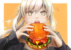 Rule 34 | &gt;:o, 1girl, :o, absurdres, artoria pendragon (all), artoria pendragon (fate), blonde hair, burger, face, fate (series), flying sweatdrops, food, hands up, harunatsu akifumi, highres, holding, holding food, jacket, long hair, long sleeves, open clothes, open jacket, open mouth, ponytail, saber (fate), saber alter, saber alter (ver. shinjuku 1999) (fate), solo, sparkle, sparkling eyes, sweat, v-shaped eyebrows, yellow eyes