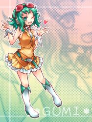 Rule 34 | 1girl, bad id, bad pixiv id, belt, boots, character name, goggles, goggles on head, green eyes, green hair, gumi, highres, kousetsu, midriff, orange skirt, see-through, skirt, solo, vocaloid