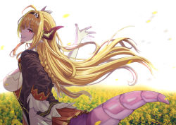 Rule 34 | 1girl, absurdres, ahoge, black hairband, black jacket, blonde hair, bow, braid, breasts, bright pupils, brooch, cleavage cutout, clothing cutout, collared shirt, commentary request, diagonal-striped bow, dragon girl, dragon horns, dragon tail, falling petals, field, floating hair, flower, flower field, from side, gem, grin, hairband, hand on own hip, hand up, highres, hololive, horn bow, horn ornament, horns, jacket, jewelry, kiryu coco, kiryu coco (1st costume), large breasts, long hair, looking at viewer, looking to the side, miniskirt, multicolored hair, orange hair, outdoors, petals, pleated skirt, pointy ears, red eyes, red skirt, samgo, shirt, sidelocks, sideways glance, single braid, skirt, slit pupils, smile, solo, streaked hair, striped, striped bow, tail, upper body, virtual youtuber, white pupils, white shirt, wind, yellow flower