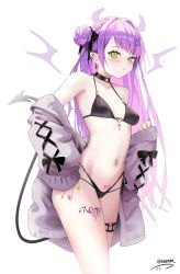 Rule 34 | 1girl, absurdres, artist name, bad id, bad pixiv id, bare shoulders, bikini, black bikini, black bow, blush, bow, breasts, cardigan, closed mouth, commentary, demon girl, demon tail, ear piercing, earrings, green eyes, green nails, grey cardigan, hair bow, hair bun, hair ornament, hand on own hip, heart, heart tattoo, highres, hololive, jewelry, leg tattoo, long hair, long sleeves, looking at viewer, multicolored nails, nail polish, navel piercing, o-ring, o-ring bikini, o-ring thigh strap, open cardigan, open clothes, paid reward available, piercing, pink nails, pointy ears, pubic tattoo, purple hair, purple nails, raeran, side bun, simple background, single side bun, small breasts, solo, standing, swimsuit, tail, tattoo, thigh strap, tokoyami towa, tokoyami towa (jirai kei), very long hair, virtual youtuber, white background, wide sleeves, x hair ornament