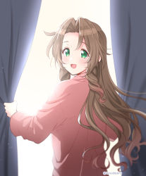 Rule 34 | 1girl, aerith gainsborough, blush, brown hair, curly hair, curtains, final fantasy, final fantasy vii, final fantasy vii remake, from behind, green eyes, hair down, krudears, light, long hair, morning, open mouth, opening window, pajamas, parted bangs, pink pajamas, sidelocks, smile, solo, square enix, upper body, wavy hair