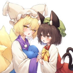 2girls :d animal_ear_fluff animal_ears blonde_hair blush bow bowtie breasts brown_eyes brown_hair cat_ears cat_tail chen commentary_request double-parted_bangs dress fox_tail hair_between_eyes hat interlocked_fingers large_breasts long_sleeves looking_at_another looking_at_viewer mikan_(manmarumikan) mob_cap multiple_girls multiple_tails open_mouth red_skirt red_vest short_hair simple_background skirt skirt_set smile tail touhou vest white_background white_dress wide_sleeves yakumo_ran yellow_bow yellow_bowtie yellow_eyes yuri