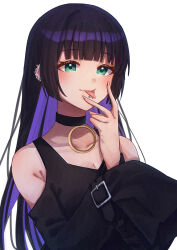 Rule 34 | 1girl, :p, absurdres, aqua eyes, armpit crease, barbell piercing, bare shoulders, belt, belt buckle, black belt, black choker, black footwear, black hair, blunt bangs, blush, bocchi the rock!, breasts, buckle, chin piercing, choker, cleavage, closed mouth, clothing cutout, collarbone, colored inner hair, commentary, ear piercing, finger to cheek, finger to own chin, fingernails, forked tongue, hair ornament, hairclip, hand to own mouth, hands up, highres, industrial piercing, long hair, long sleeves, looking at viewer, medium breasts, multicolored hair, pa-san, piercing, purple hair, shoulder cutout, simple background, sleeve bow, sleeves past fingers, sleeves past wrists, smile, solo, tongue, tongue out, two-tone hair, upper body, white background, wide sleeves, yozakurayuyu