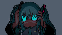 Rule 34 | 1girl, aqua eyes, aqua hair, aqua nails, aqua necktie, black sleeves, collared shirt, commentary, dark, detached sleeves, explosion psycho, frown, glowing, glowing eyes, grey background, hair ornament, hair over eyes, hands in hair, hands on own face, hatsune miku, highres, long hair, looking at viewer, messy hair, microphone, necktie, open mouth, shirt, simple background, sleeveless, sleeveless shirt, solo, sweat, twintails, upper body, vocaloid, wide-eyed, wide sleeves