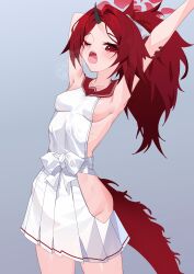 Rule 34 | 1girl, absurdres, arm up, armpits, blue archive, blush, breasts, dress, eyeliner, hair ribbon, halo, highres, horns, its2h35, long hair, looking at viewer, makeup, one eye closed, parted bangs, ponytail, red eyes, red hair, red sailor collar, renge (blue archive), ribbon, sailor collar, sideless outfit, single horn, small breasts, solo, white dress