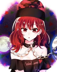 Rule 34 | 1girl, aura, black hat, black shirt, breasts, chain, chromatic aberration, cleavage, clothes writing, collar, collarbone, earth (ornament), gold chain, hat, heart, heart print, hecatia lapislazuli, long hair, looking at viewer, medium breasts, moon (ornament), nmbit, off-shoulder shirt, off shoulder, parted lips, red eyes, red hair, shapes, shirt, solo, space, touhou, upper body