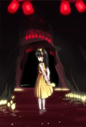 Rule 34 | 1girl, black eyes, black hair, bow, cave interior, commentary request, copyright request, devotion, dress, du meishin, flower, glowing, hair bow, hairband, long hair, long sleeves, looking at viewer, looking back, pantyhose, profile, shirt, sleeveless, sleeveless dress, solo, standing, tulip, wading, white pantyhose, white ph, white shirt, yellow bow, yellow dress, yellow hairband