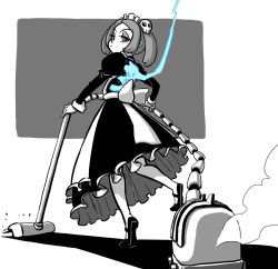 Rule 34 | 1girl, bloody marie (skullgirls), female focus, from behind, green little, grey hair, hair ornament, looking back, maid, mary janes, red eyes, shoes, short hair, skeleton, skirt, skull hair ornament, skullgirls, solo, twintails, vacuum cleaner