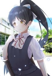 Rule 34 | 1girl, :|, absurdres, bag, black hair, blurry, blurry background, bow, closed mouth, collared shirt, commentary, confetti, dress, eyebrows hidden by hair, hair bow, hand up, hazuki ren, high ponytail, highres, long hair, looking to the side, love live!, love live! superstar!!, lowlight1010, neck ribbon, pinafore dress, red ribbon, ribbon, school bag, school uniform, shirt, short sleeves, sleeveless dress, solo, split mouth, summer uniform, tareme, upper body, white bow, white shirt, yellow eyes, yuigaoka school uniform
